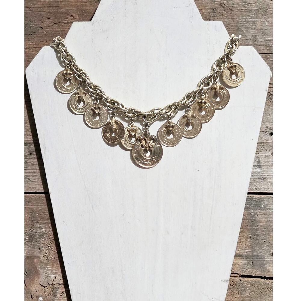 1970's Chunky Vintage East Africa Coin Crown Chain Gold Metal Necklace